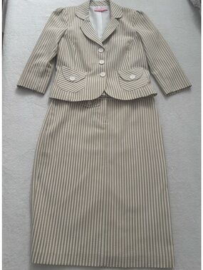 Preview Collection Cream and White Striped Midi Skirt Suit